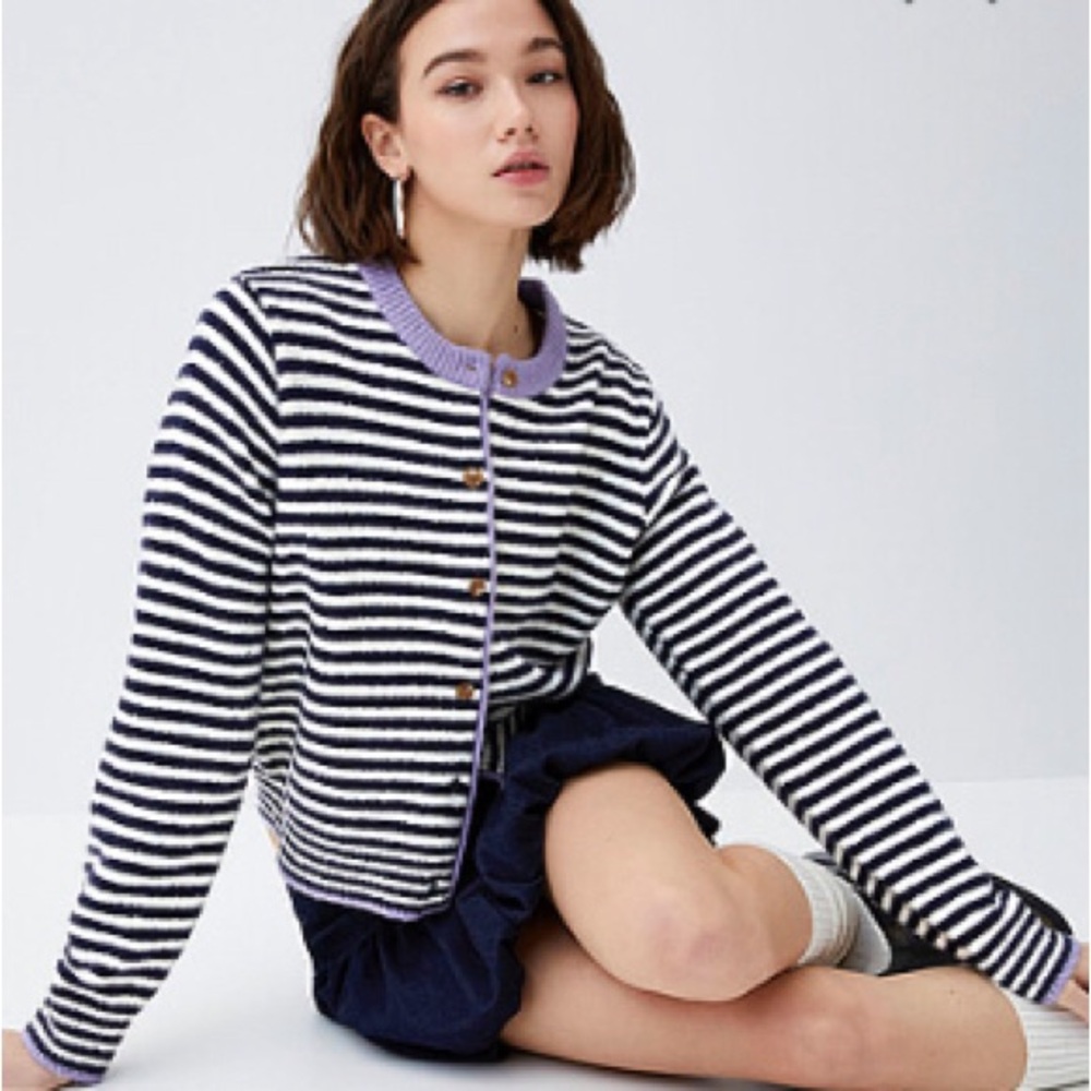 Striped Accent Collar Crew Neck Cardigan